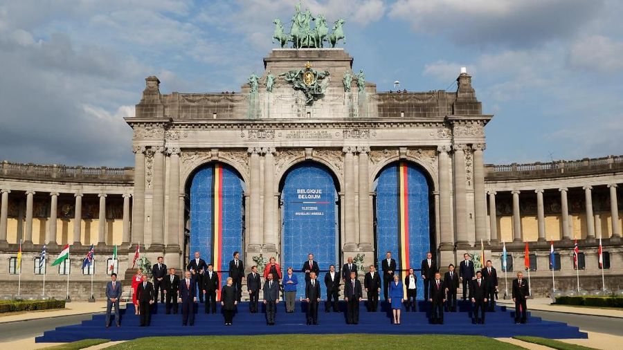NATO leaders pose for a group photo in the park of the Cinquantenaire, during a NATO Summit, in central Brussels, Belgium July 11, 2018.  REUTERS/Yves Herman