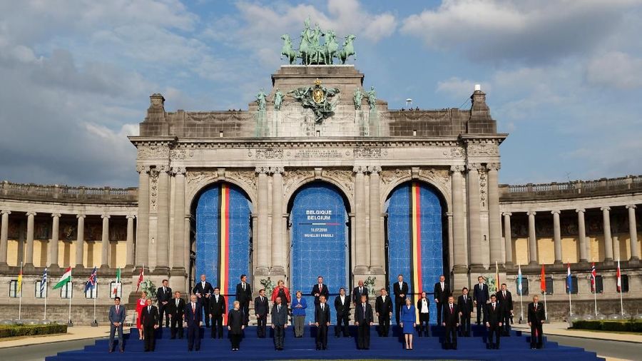 NATO leaders pose for a group photo in the park of the Cinquantenaire, during a NATO Summit, in central Brussels, Belgium July 11, 2018. REUTERS/Yves Herman