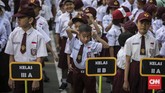Siswa-siswi mengikuti upacara pada hari pertama sekolah di SDN Kampung Melayu 01/02, Jatinegara, Jakarta Timur. (CNNIndonesia/Adhi Wicaksono).