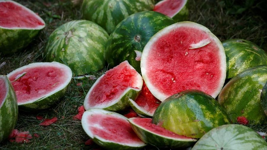 Watermelon litter the ground following a record set by Ashrita Furman, who holds more Guinness World Records than anyone, for slicing the most watermelons in half on his own stomach in one minute in New York City, U.S., July 17, 2018. REUTERS/Brendan McDermid
