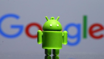 FILE PHOTO - A 3D printed Android mascot Bugdroid is seen in front of a Google logo in this illustration taken July 9, 2017. Picture taken July 9, 2017.  REUTERS/Dado Ruvic/Illustration/r/File Photo