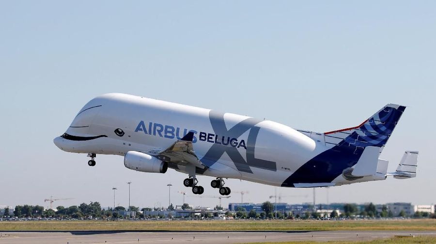 An Airbus Beluga XL transport plane takes off during its first flight event in Colomiers near Toulouse, France, July 19, 2018. REUTERS/Regis Duvignau