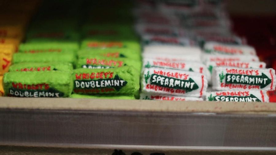 Chewing gum made from felt is seen at the art installation of British artist Lucy Sparrow, 32, in Los Angeles, California, U.S. July 31, 2018. REUTERS/Lucy Nicholson