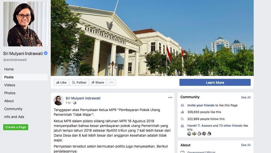 Berikut status Facebook Sri Mulyani yang membantah Ketua MPR