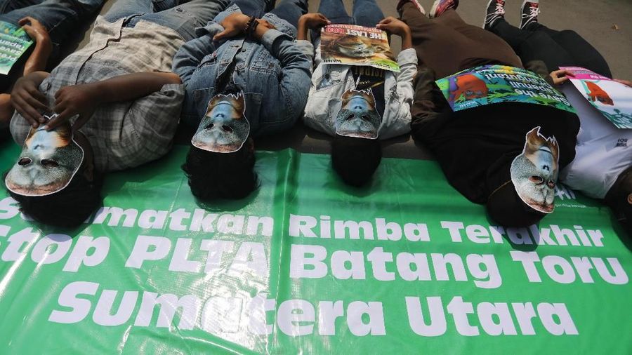 Belasan orang memegangi poster, yang bertuliskan segera mencabut dan menghentikan sementara pembangunan Pembangkit Listrik Tenaga Air (PLTA) di Batang Toru.