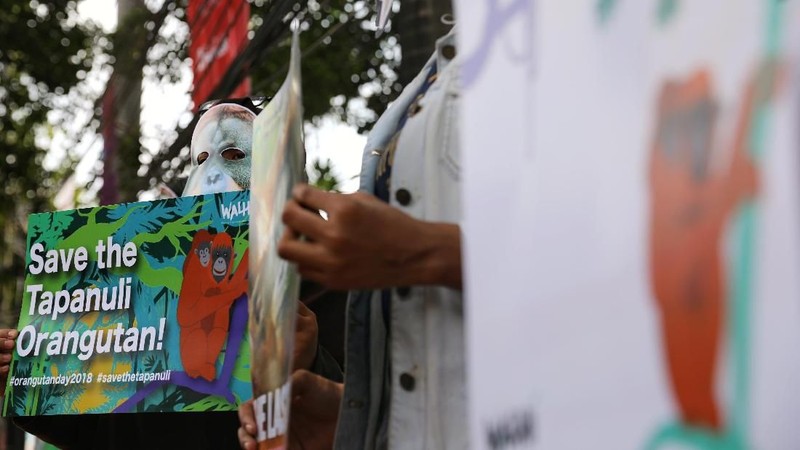 Belasan orang memegangi poster, yang bertuliskan segera mencabut dan menghentikan sementara pembangunan Pembangkit Listrik Tenaga Air (PLTA) di Batang Toru.