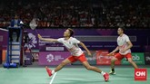 Di gim kedua Fajar Alfian/M Rian Ardianto tetap memberikan perlawanan sengit dan menyulitkan Kevin Sanjaya/Marcus Gideon. (CNN Indonesia/Adhi Wicaksono)
