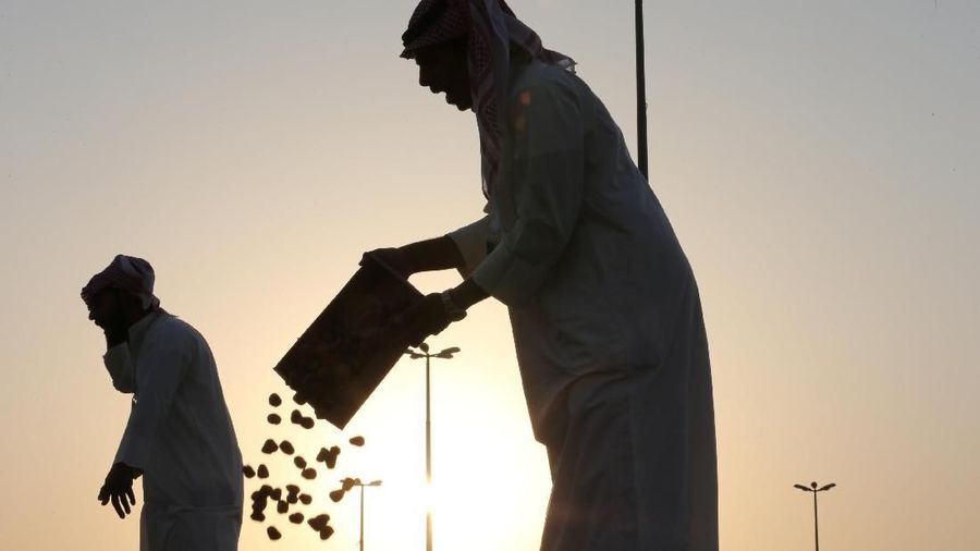 A Saudi man throws dates, as he auctions them during the worldÕs largest dates festival