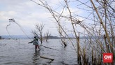 Warga pun memanfaatkan waduk Jatigede ketika surut untuk mencari ikan sebagai tambahan lauk pauk. Ikan mujair, patin dan bandeng banyak dijumpai di waduk ini. (CNNIndonesia/Safir Makki).