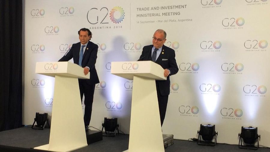 Argentina's Production Minister Dante Sica (L) and Foreign Minister Jorge Faurie attend a news conference at the G20 Trade and Investment Meeting in Mar del Plata, Argentina, September 14, 2018. REUTERS/Scott Squires NO RESALES. NO ARCHIVES.