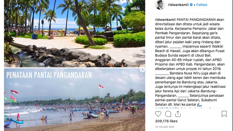Gubernur Jawa Barat yang biasa disapa Kang Emil tersebut akan menyulap pantai Pangandara seperti pantai di Hawaii.