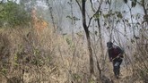 Proses pemadaman terkendala dengan lokasi kebakaran yang berada di perbukitan berbatu dan juga alang-alang mengering yang mudah terbakar. ANTARA FOTO/M.Taufik