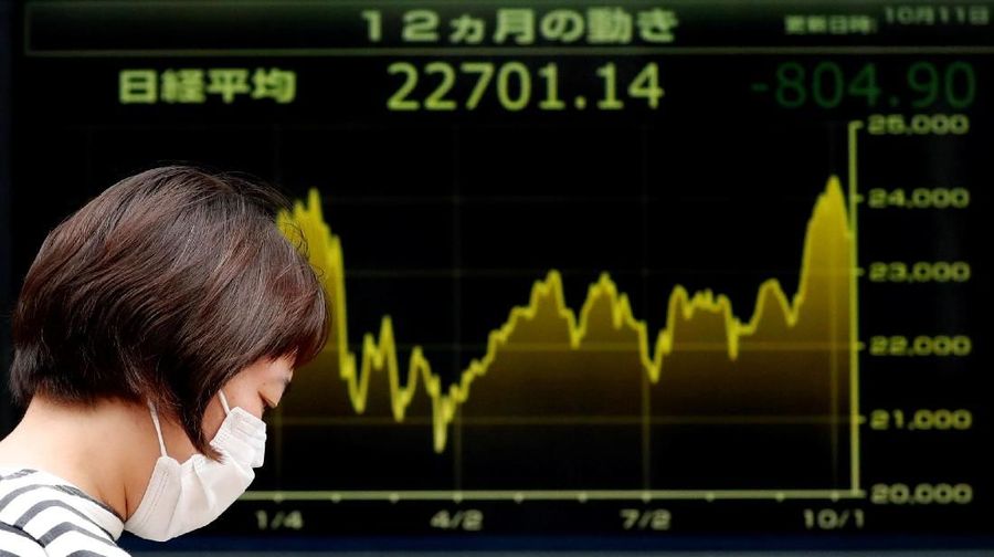 A passerby walks past an electronic board displaying a graph showing recent movement of Japan's Nikkei average outside a brokerage in Tokyo, Japan, October 11, 2018. REUTERS/Issei Kato