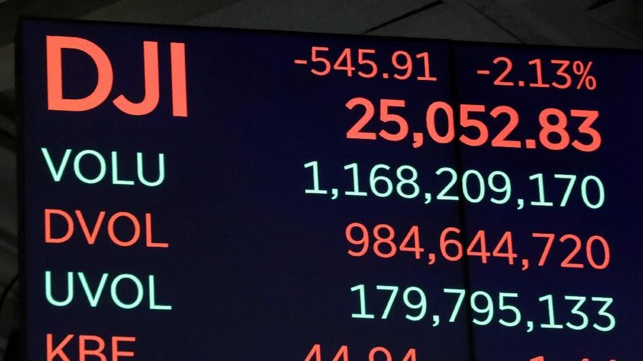 Final numbers for the Dow Jones industrial average are displayed after the close of trading on the floor of the New York Stock Exchange (NYSE) in Manhattan in New York, U.S., October 11, 2018. REUTERS/Brendan McDermid