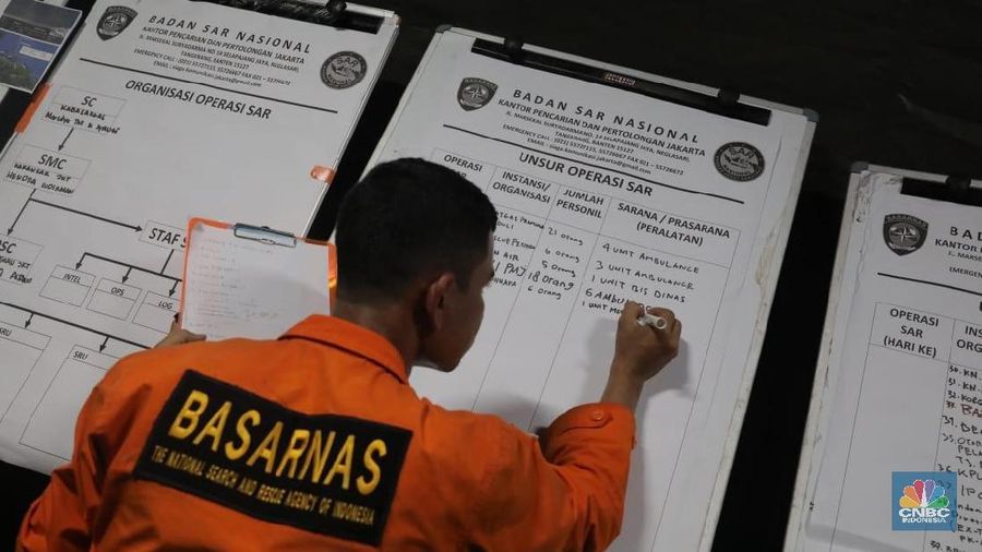 Anggota Basarnas mendata hasil temuan evakuasi korban jatuhnya pesawat Lion Air di pos Tanjung Priok, Jakarta Utara. (CNBC Indonesia/Andrean Kristianto)