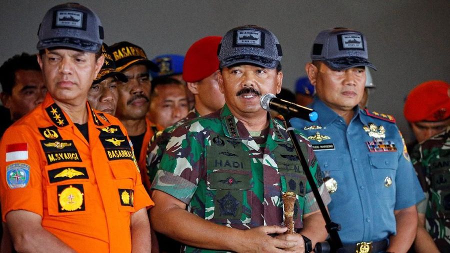 Indonesia's military chief Hadi Tjahjanto talks to journalists during a press conference with Head of Indonesian Search and Rescue Agency Muhammad Syaugi (L) at Tanjung Priok port in Jakarta, Indonesia, October 31, 2018. REUTERS/Willy Kurniawan