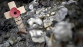 Palang kayu berbentuk salib dengan hiasan Bunga Popi sebagai penanda duka atas gugurnya prajurit di perang yang meletus pada September 1914 - September 1915 di sini. (REUTERS/Christian Hartmann)