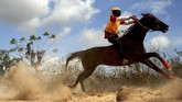 Joki beradu kecepatan saat mengikuti lomba pacuan kuda tradisional di Desa Kalimporo, Jeneponto, Sulawesi Selatan.