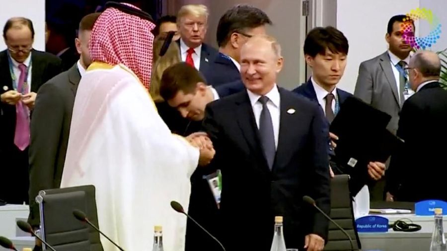 Saudi Arabia's Crown Prince Mohammed bin Salman greets Russia's President Vladimir Putin during the opening of the G20 leaders summit in Buenos Aires, Argentina November 30, 2018 in this picture taken from video. Reuters TV Summit Pool via REUTERS