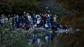 Segerombolan orang melihat dari dekat Bebek Mandarin di Central Park. (Eduardo Munoz Alvarez/Getty Images/AFP)