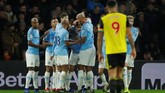 Para pemain Man City merayakan gol yang dicetak Leroy Sane. Penyerang tersebut sudah mencetak lima gol untuk The Citizens di Liga Primer Inggris musim ini. (Reuters/Andrew Boyers)