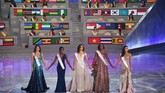 Lima finalis Miss World 2018, dari kiri: Miss Belarus Maria Vasilevich, Miss Jamaika Kadijah Robinson, Miss Meksiko Vanessa Ponce de Leon, Miss Uganda Quiin Abenakyo dan Miss Thailand Nicolene Pichapa Limsnukan bersiap menjawab pertanyaan penentuan final di Hainan, China, Sabtu (8/12) malam. (AFP/GREG BAKER)