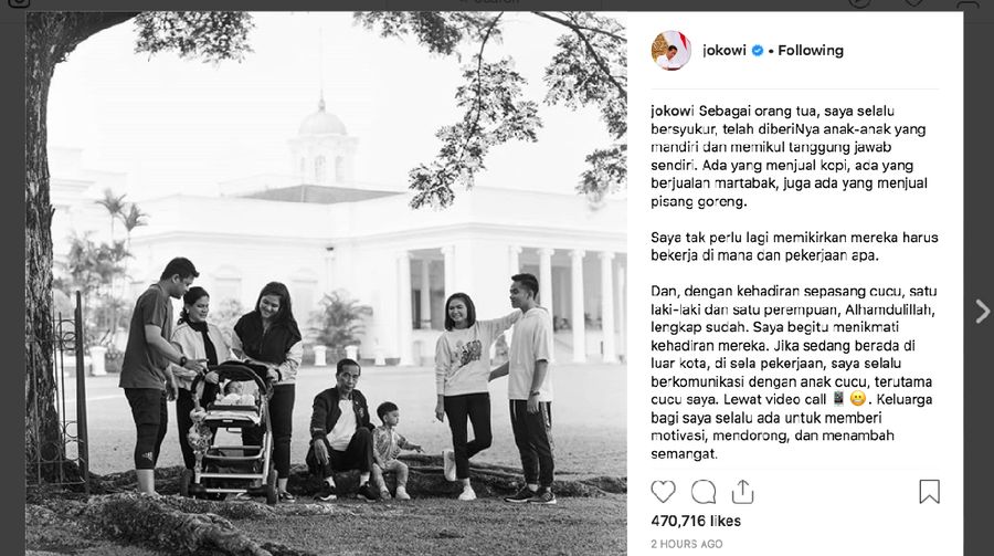 Jokowi curhat di akun instagramnya, bersyukur miliki anak yang mandiri 