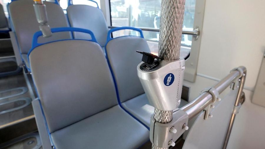 A USB charging port is seen inside of an electric bus manufactured by China's BYD, in a bus terminal in Santiago, Chile November 28, 2018. Picture taken November 28, 2018. REUTERS/Rodrigo Garrido