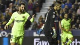 Lionel Messi mencetak hattrick dan dua assist di laga lawan Levante. Itu berarti ia terlibat dalam seluruh gol Barcelona ke gawang Levante. (Photo by JOSE JORDAN / AFP)