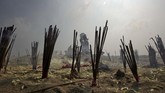 Di pantai Marina di Chennai, India, kayu-kayu dupa terbakar sementara seorang gadis kecil berdoa untuk korban-korban tsunami 2004. (REUTERS/P. Ravikumar)