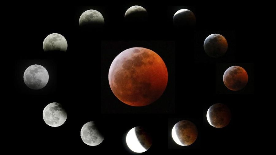 This combination photo shows the totally eclipsed moon, center, and others at the different stages during a total lunar eclipse, as seen from Los Angeles, Sunday, Jan. 20, 2019. It was also the year's first supermoon, when a full moon appears a little bigger and brighter thanks to its slightly closer position. During totality, the moon will look red because of sunlight scattering off Earth's atmosphere. That's why an eclipsed moon is sometimes known as a blood moon. In January, the full moon is also sometimes known as the wolf moon or great spirit moon. (AP Photo/Ringo H.W. Chiu)