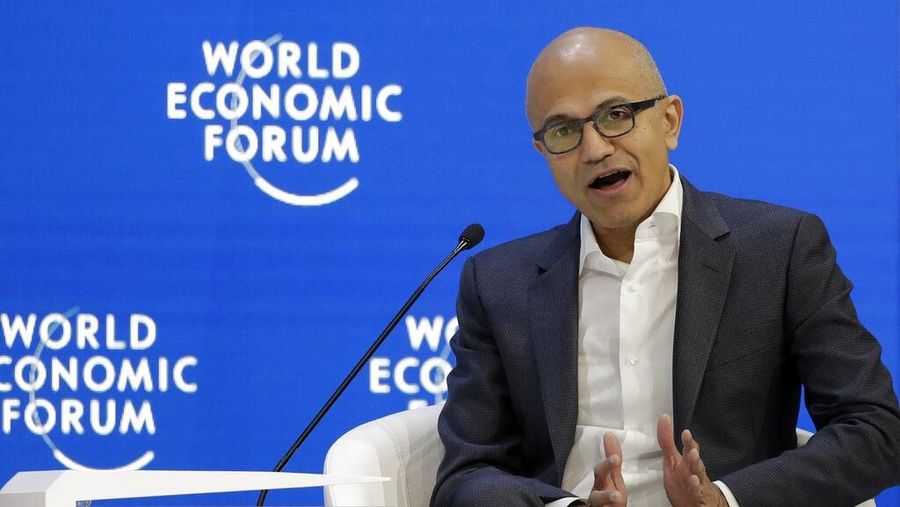 Microsoft's CEO Satya Nadella speaks at the annual meeting of the World Economic Forum in Davos, Switzerland, Tuesday, Jan. 22, 2019. (AP Photo/Markus Schreiber)