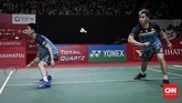 Kevin Sanjaya Sukamuljo/Marcus Fernaldi Gideon berhasil mengalahkan Wahyu Nayaka/Ade Yusuf dengan skor 21-14 dan 21-16. (CNNIndonesia/Safir Makki)