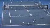 Burung-burung berada di lapangan tenis di Australia Terbuka. (REUTERS/Aly Song)