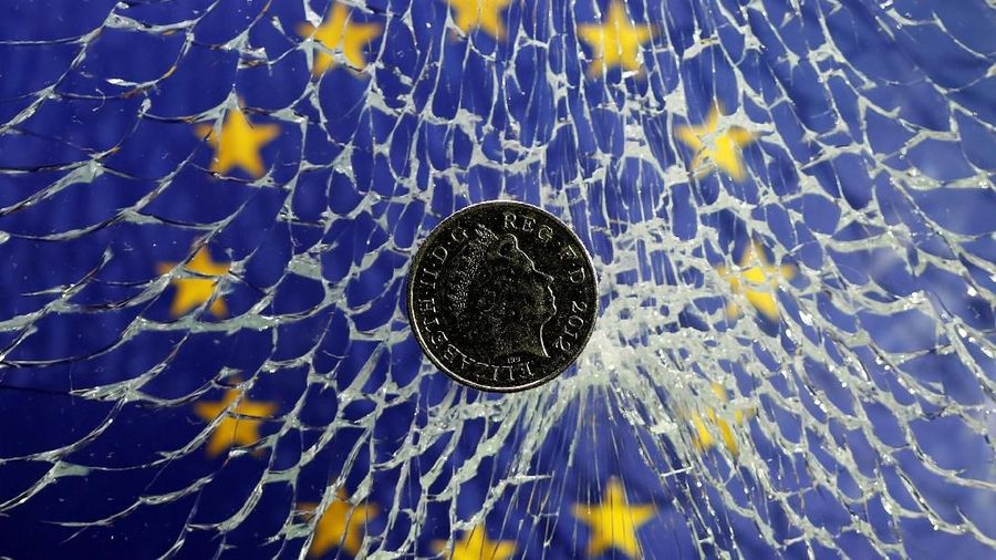 A pound coin is placed on broken glass and EU flag in this illustration picture taken January 28, 2019. REUTERS/Dado Ruvic/Illustration