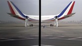 Pesawat kepresidenan bertipe Airbus A330-200 sebelum lepas landas di jalan beraspal di bandara Abu Simbel, Aswan bagian selatan, di Mesir. (Ludovic MARIN / AFP)