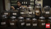 Di area bawah cafe terdapat stoples-stoples kaca berisi beragam jenis tembakau dari pelosok nusantara yang sengaja dikoleksi dan dijual. (CNN Indonesia/ Hesti Rika)