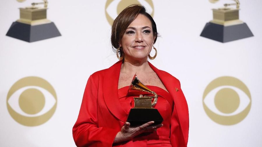 61st Grammy Awards - Photo Room - Los Angeles, California, U.S., February 10, 2019 - Claudia Brant poses backstage with her Best Latin Pop Album award for 