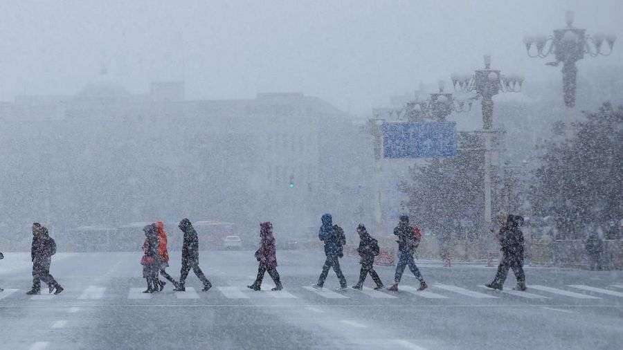 People cross a road during snowfall in Beijing, China February 12, 2019. REUTERS/Jason Lee