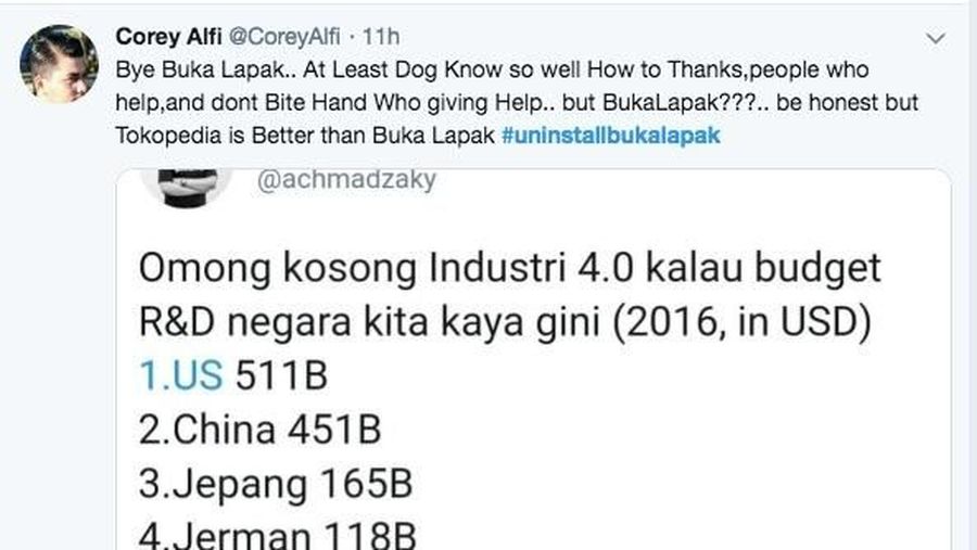 Tagar #uninstallbukalapak menjadi trending topic nomor satu di jagad raya Twitter.