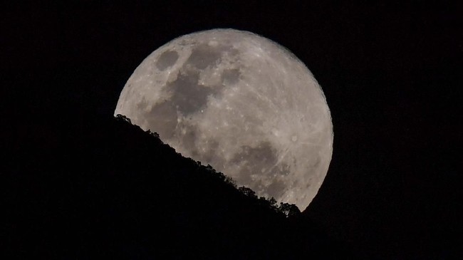 Supermoon yang terjadi pada Selasa (19/2) merupakan fenomena kedua di tahun 2019 setelah Senin (21/1). Seperti yang mulai menampakkan diri di langit Caracas, Venezuela. (Photo by YURI CORTEZ / AFP)