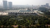 Gedung National Convention Center di Hanoi, Vietnam. Jong-un telah datang menggunakan kereta pribadi pada Selasa (26/2), sementara Trump baru datang menggunakan pesawat kenegaraan pada Rabu (27/2). (REUTERS/Kham)