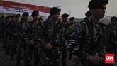 Aparat gabungan dari Pemda DKI Jakarta, TNI dan Polri mengikuti Apel Tiga Pilar di Lapangan Silang Monas. Jakarta, Rabu, 27 Februari 2019. (CNN Indonesia/Adhi Wicaksono)