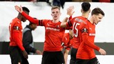 Gol Benjamin Bourigeaud (tengah) ke gawang Arsenal adalah yang pertama bagi gelandang asal Prancis itu di Liga Europa musim ini. (Action Images via Reuters/Paul Childs)