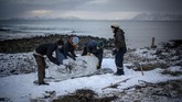 Bongkahan es yang telah dibentuk menjadi papan surfing bisa seberat 60-80 kg. Lebih berat dua sampai tiga kali dari papan biasa. (Olivier MORIN / AFP)