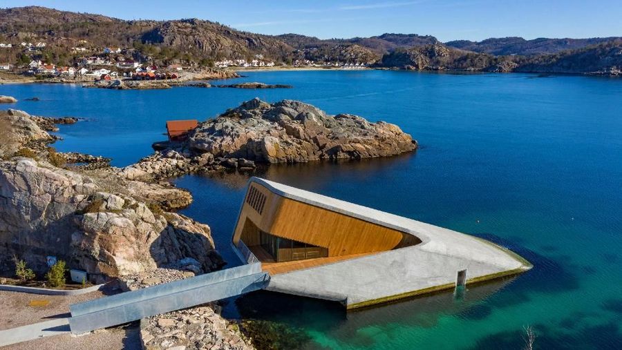 "Under", a semi-submerged restaurant beneath the waters of the North Atlantic which will be open to public on March 21, 2019 is pictured in Lindesnes, south west of Oslo, Norway March 19, 2019. Picture taken March 19, 2019. NTB Scanpix/Tor Erik Schroder via REUTERS ATTENTION EDITORS - THIS IMAGE WAS PROVIDED BY A THIRD PARTY. NORWAY OUT. NO COMMERCIAL OR EDITORIAL SALES IN NORWAY.