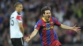 Total Lionel Messi meraih dua kemenangan, satu hasil imbang, satu kalah, dari empat pertandingan melawan Manchester United di Liga Champions. Dari 332 menit pertandingan Messi mencetak dua gol. (AFP PHOTO / LLUIS GENE)