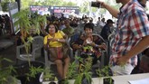 Warga duduk mengantre untuk mendapatkan resep pengobatan minyak ganja pada hari kedua festival ganja Pan Ram di kota Buriram, 20 April 2019. (AFP/Lillian SUWANRUMPHA)
