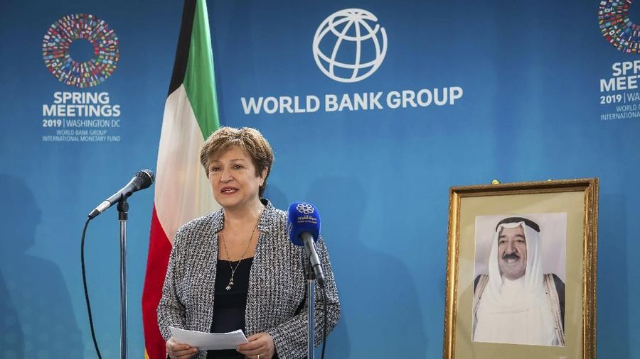 IMAGE DISTRIBUTED FOR MINISTRY OF FINANCE KUWAIT - In this image released on Tuesday, April 23, 2019, World Bank Group CEO Kristalina Georgieva recognizes H.H. the Amir of the Ministry of Finance Kuwait for his exemplary role in supporting social and economic development at the global level on Friday, April 12, 2019 in Washington. (Joy Asico/AP Images for the Ministry of Finance Kuwait)