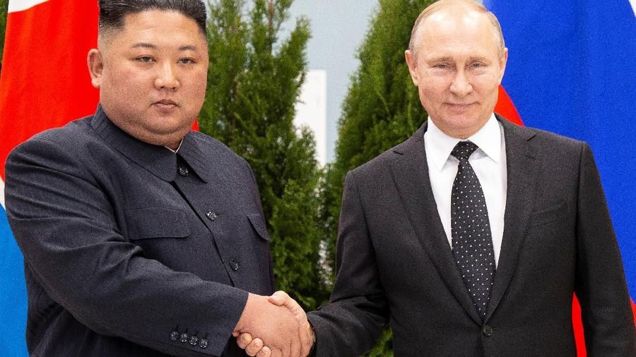 Russian President Vladimir Putin and North Korea's leader Kim Jong Un shake hands while posing for a picture prior to their talks in Vladivostok, Russia, Thursday, April 25, 2019. Alexander Zemlianichenko/Pool via REUTERS